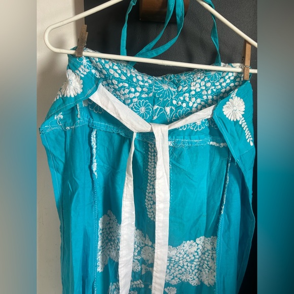 Vintage Boho Mexican Cotton Embroidered Turquoise Apron Halter Dress Size S - Picture 6 of 6